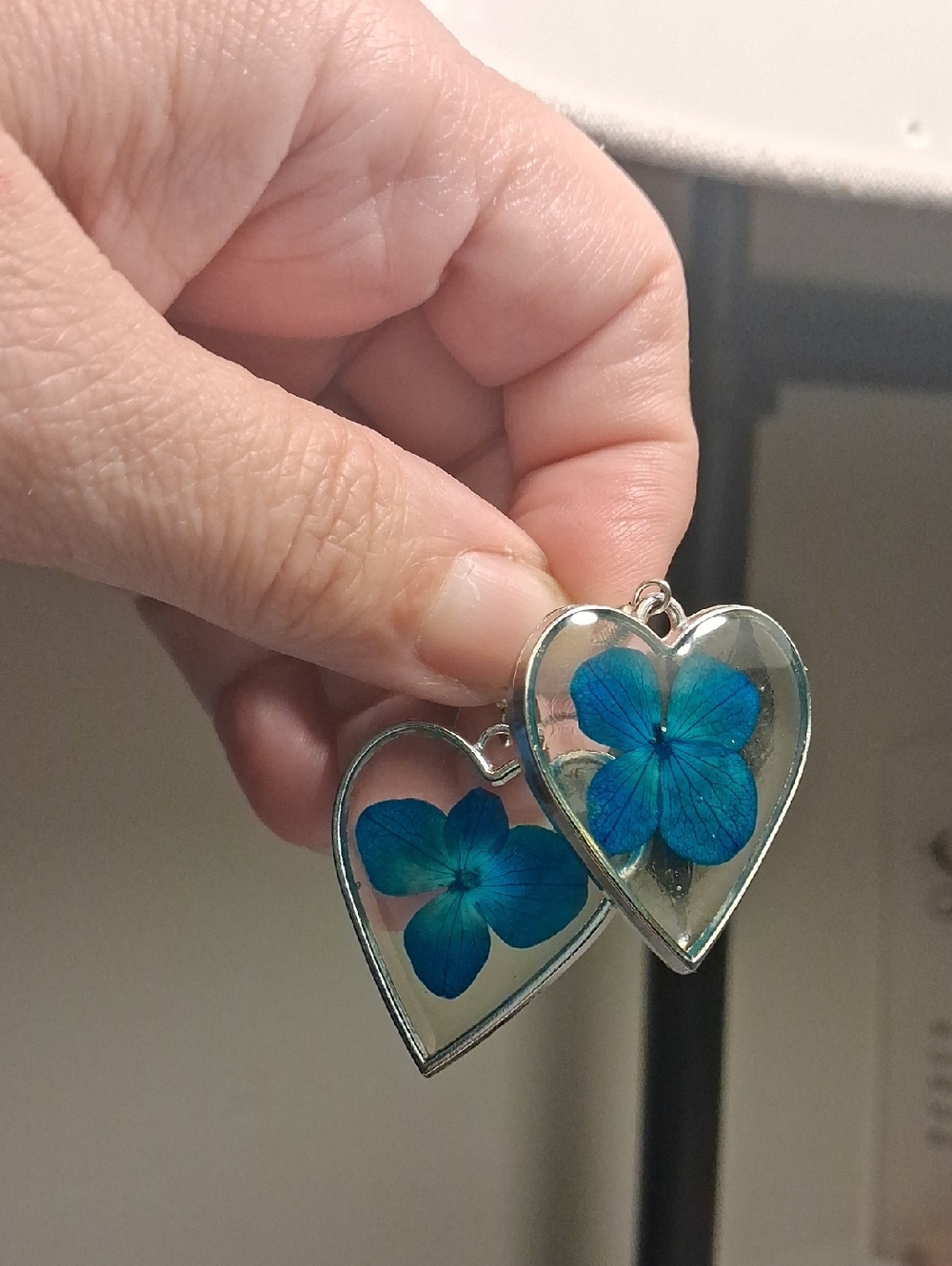 Heart Pendant Earrings with Blue Floral Inlay - Women Jewelry